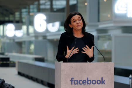 Sheryl Sandberg, Chief Operating Officer of Facebook, delivers a speech during a visit in Paris, France, January 17, 2017, at a start-up companies gathering at Paris' Station F site as the company tries to head off tougher regulation by Germany. REUTERS/Philippe Wojazer
