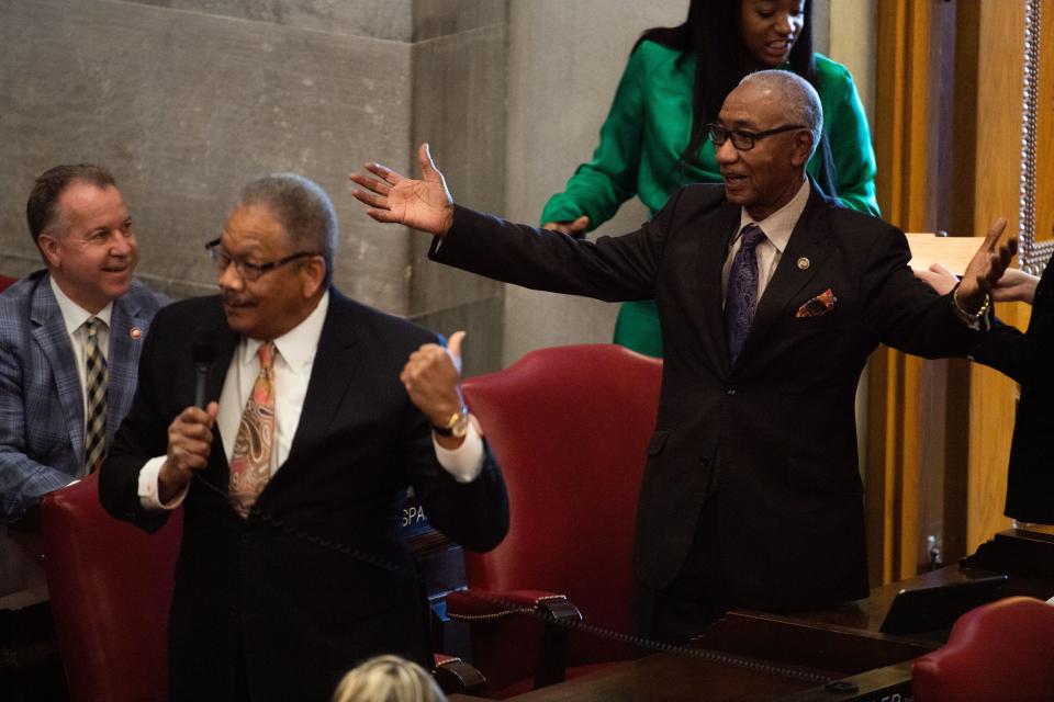 Tennessee Rep. Larry J. Miller, D-Memphis, gives attention to Rep. Johnny Shaw, D-Bolivar, for turning 80 during the 112th General Assembly at Tennessee state Capitol in Nashville, Tenn., Tuesday, Jan. 11, 2022.