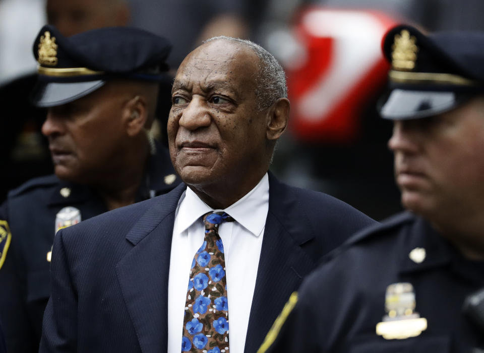 FILE - In this, Sept. 24, 2018 file photo Bill Cosby arrives for his sentencing hearing at the Montgomery County Courthouse, , in Norristown, Pa. A Pennsylvania appeals court will hear arguments, Monday, Aug. 12, 2019, as Cosby appeals his sexual assault conviction. The 82-year-old Cosby is serving a three- to 10-year prison term. (AP Photo/Matt Slocum, File)