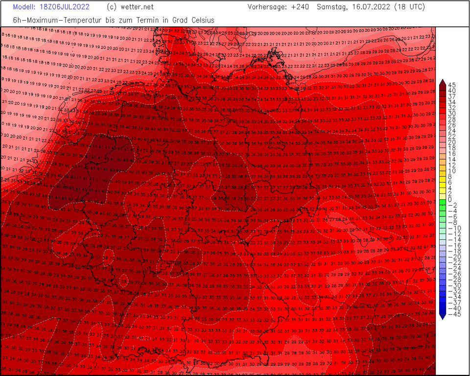 Höchstwerte nächsten Samstag (17. Juli 2022). Das US-Wettermodell berechnet in seinem aktuellen Lauf Höchstwerte deutlich über 30 Grad, im Westen sind sogar 40 oder 41 Grad möglich! Quelle: www.wetterdata.de