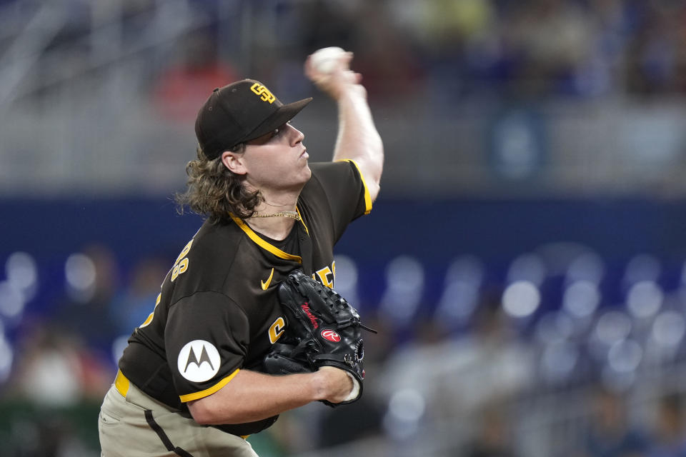 San Diego Padres' Ryan Weathers delivers a pitch during the first inning of a baseball game against the Miami Marlins, Tuesday, May 30, 2023, in Miami. (AP Photo/Wilfredo Lee)