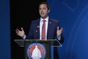  Trent Staggs speaks during the Utah Senate primary debate for Republican contenders battling to win the seat of retiring U.S. Sen. Mitt Romney Monday, June 10, 2024, in Salt Lake City. (Pool photo by Rick Bowmer/AP)