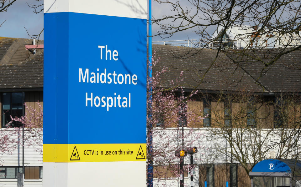 The sign outside Maidstone Hospital in Kent where five cancer patients died following upper gastrointestinal (GI) surgery.   (Photo by Gareth Fuller/PA Images via Getty Images)