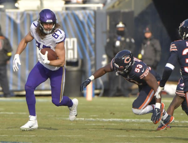 Minnesota Vikings tight end T.J. Hockenson (L) leads my Week 3 rankings. File Photo by Mark Black/UPI