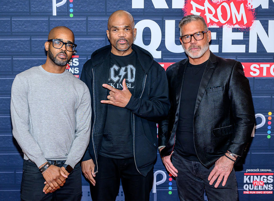 Director Kirk Fraser and Executive Producers Darryl "DMC" McDaniels and William H. Masterson attend Peacock's Kings From Queens The Run DMC Story New York premiere at The Times Center on January 27, 2024 in New York City.