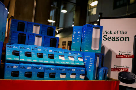 Amazon echo devices are displayed at a Whole Foods store in New York City, U.S., August 28, 2017. REUTERS/Brendan McDermid/File Photo