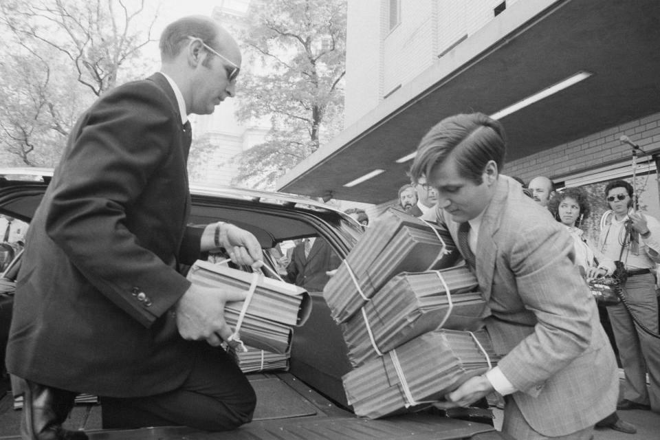 Transcripts of edited versions of many of Pres. Nixon's Watergate conversations arrive on Capitol Hill 4/30 to be turned over to the House Judiciary Committee. The documents were not actually delivered to the committee offices. They went instead to the old Congressional Hotel, which has been taken over by teh committee staff for the impeachment inquiry. 4/30/1974