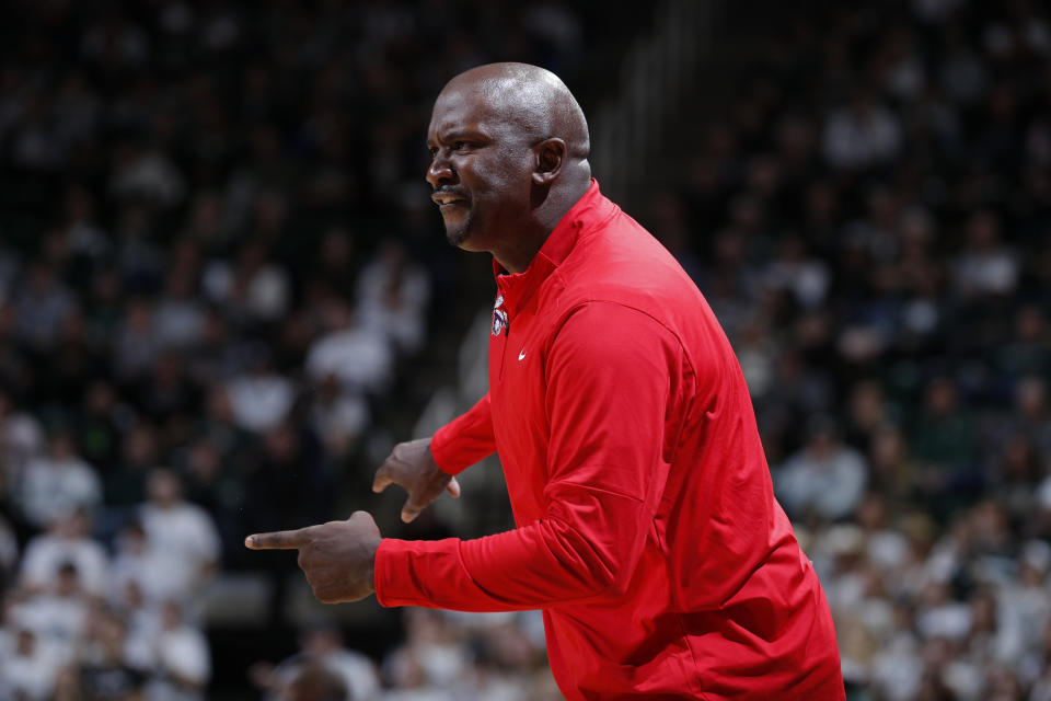 Southern Indiana coach Stan Gouard reacts during the second half of an NCAA college basketball game against Michigan State, Thursday, Nov. 9, 2023, in East Lansing, Mich. (AP Photo/Al Goldis)