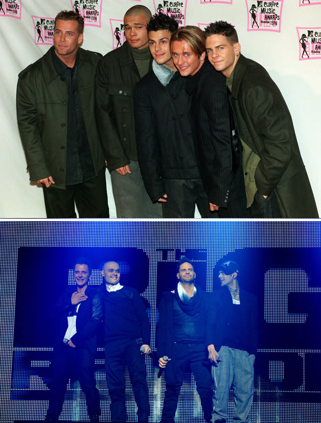 Big reunion bands then and now: Five's original line up featured five (funnily enough) loud lads [top] Now, the band only has four members after Jay pulled out of the Big Reunion TV show and gig [below] Copyright [PA/Rex]