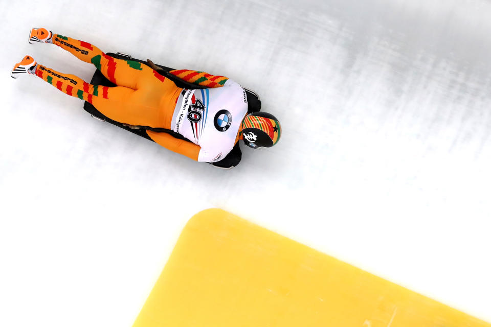 Akwasi Frimpong of Ghana competes in the first run of the IBSF World Championships Bob & Skeleton 2017 at Deutsche Post Eisarena Koenigssee on February 24, 2017 in Koenigssee, Germany.