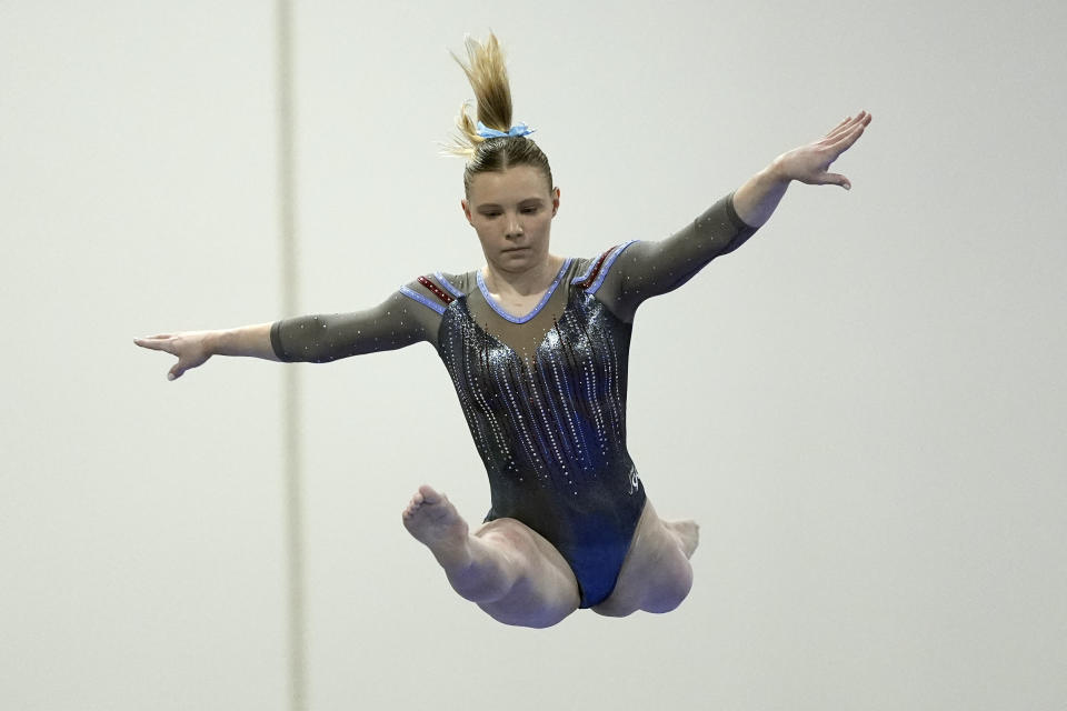 Jade Carey competes on the balance beam at the American Classic Saturday, April 27, 2024, in Katy, Texas. (AP Photo/David J. Phillip)