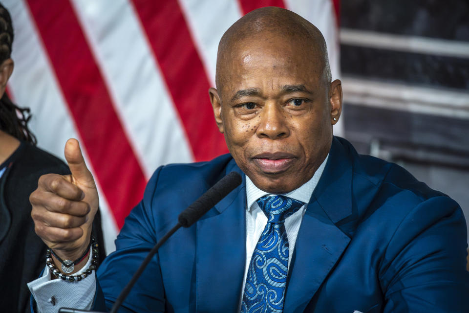 New York City Mayor Eric Adams speaks during a news conference at City Hall in New York, Tuesday, March 19, 2024. (AP Photo/Eduardo Munoz Alvarez)