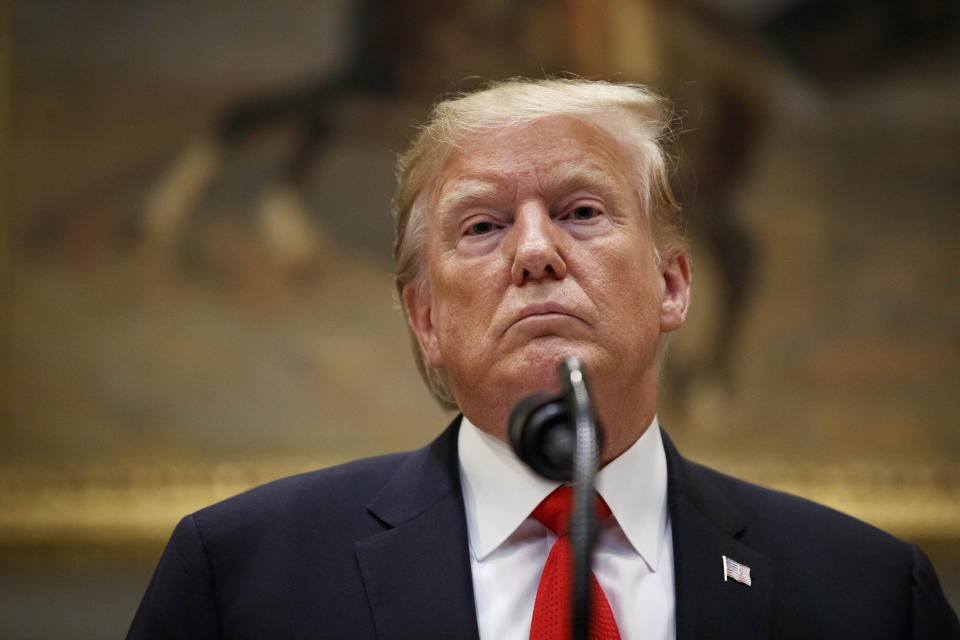 President Donald Trump speaks in the Roosevelt Room of the White House, Wednesday, Sept. 4, 2019, in Washington, to announce state opioid response grants. (AP Photo/Alex Brandon)