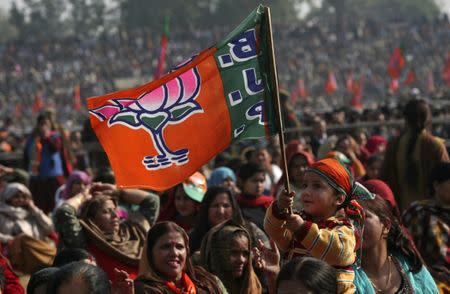 A boy waves a flag of the Bharatiya Janata Party (BJP) during a rally in Jammu December 1, 2013. REUTERS/Mukesh Gupta/Files