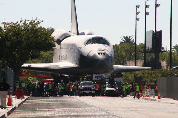 Space shuttle Endeavour is seen poised to enter the Samuel Oschin Space Shuttle Display Pavilion at the California Science Center, Oct. 14, 2012.