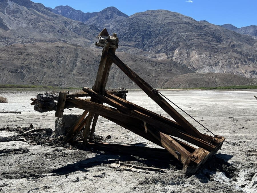 <em>The National Park Service said the Saline Valley Salt Tram tower in Death Valley was damaged after someone used it as an anchor to pull out a vehicle stuck in the mud. (Credit: NPS)</em>