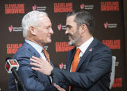 Cleveland Browns NFL football team owner Jimmy Haslam greets new head coach Kevin Stefanski before a news conference at FirstEnergy Stadium in Cleveland, Tuesday, Jan. 14, 2020. (AP Photo/Phil Long)