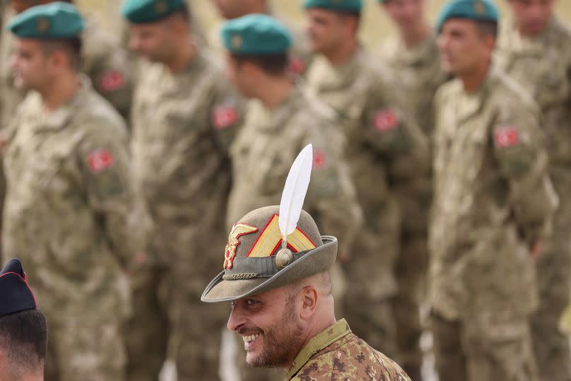 An EUFOR soldier smiles during an opening ceremony of the exercise "EUFOR Quick Response 2023" in Sarajevo, September 2023