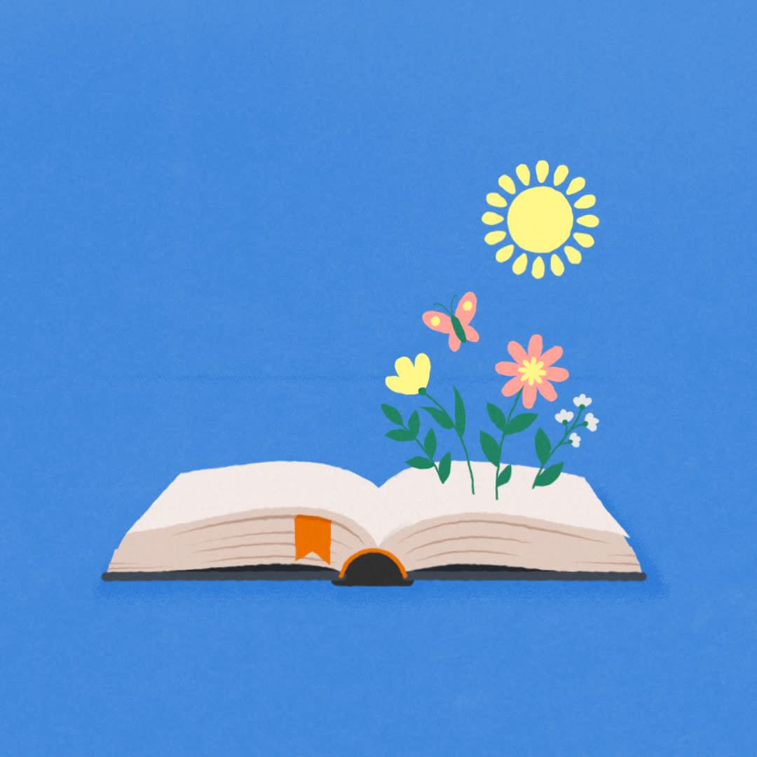 gif of an open book. on the page are flowers, a butterfly flapping and a sun glimmering. the page turns and appears rain, rainboots and an umbrella.