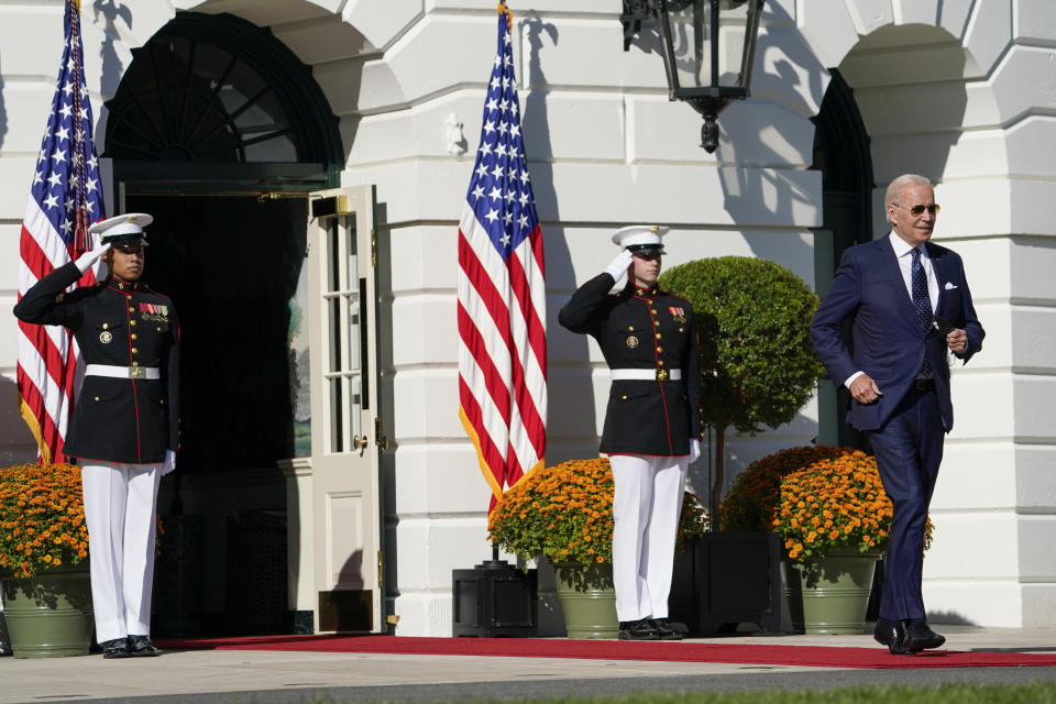 President Joe Biden arrives at an event hosted by first lady Jill Biden to honor the 2021 State and National Teachers of the Year, on the South Lawn of the White House, Monday, Oct. 18, 2021, in Washington. (AP Photo/Evan Vucci)