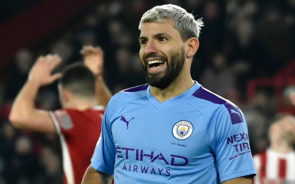 Sergio Aguero smiles during the Premier League match between Sheffield United and Manchester City at Bramall Lane - AP