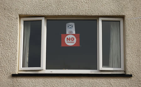 'NO' campaign posters are displayed in a window in Stornoway on the Isle of Lewis in the Outer Hebrides September 12, 2014. REUTERS/Cathal McNaughton