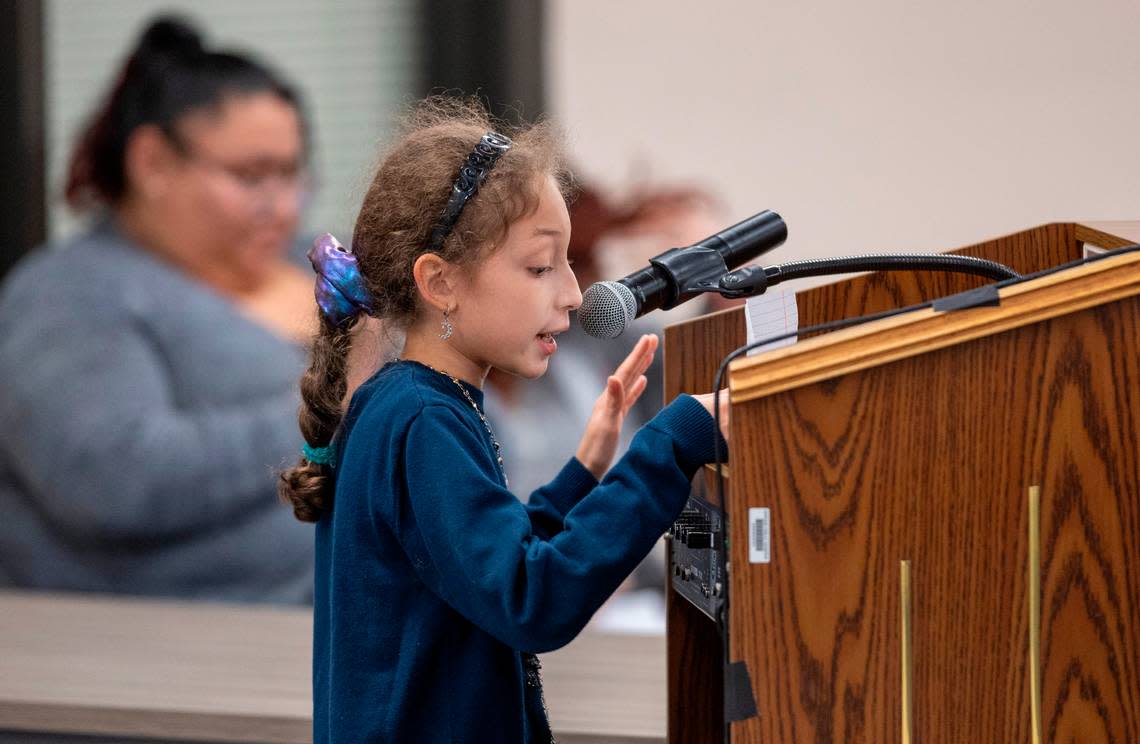 Luna Gomez, a fourth grader at Holt Elementary School, addresses the Durham Public Schools Board of Education meeting on Thursday, February 8, 2024 at the Staff Development Center in Durham, N.C. Robert Willett/rwillett@newsobserver.com