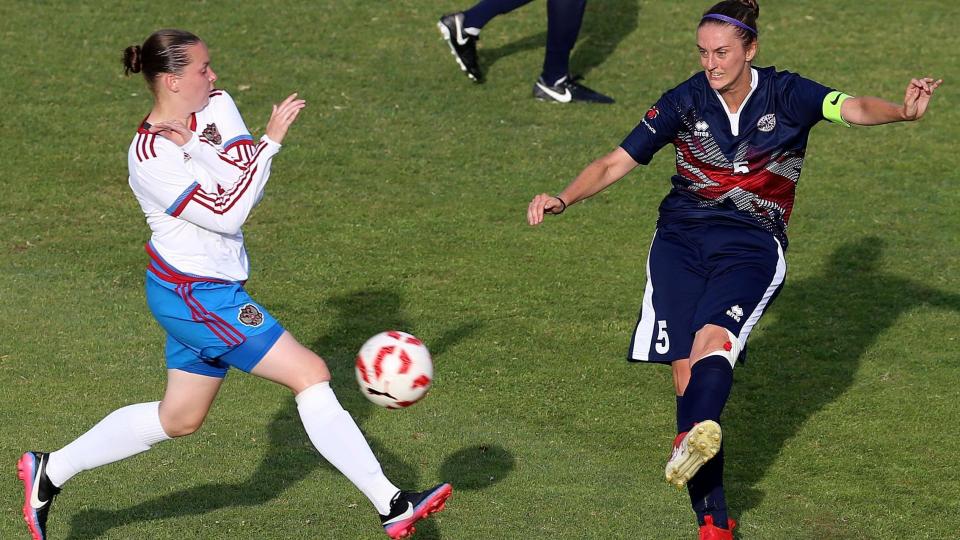 Footballer Claire Stancliffe in action for GB at the 2017 Deaflympics