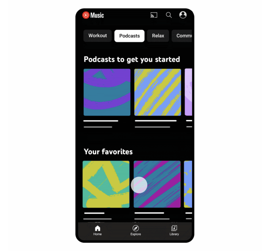YouTube Music homepage with podcasts