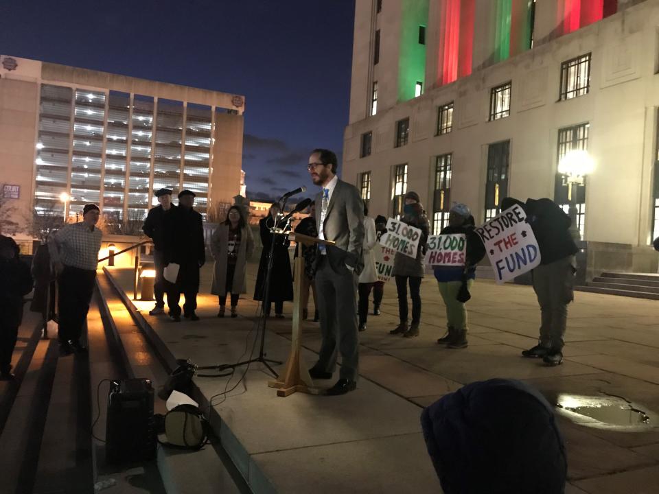 Members of Nashville Organized for Action and Hope protested Mayor John Cooper’s decision to cut affordable housing funding on the steps of the Metro Courthouse Tuesday night with other affordable housing advocates and Metro Council members.