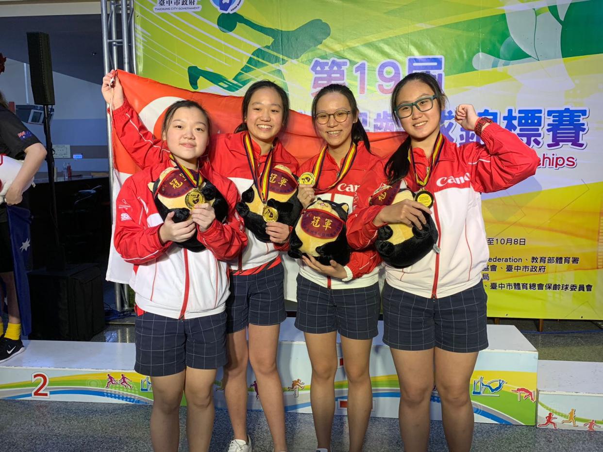 Singapore youth bowlers (from left) Quek Lu Yi, Arianne Tay, Alena Dang and Colleen Pee won the girls’ team-of-four event at the Asian Schools Tenpin Bowling Championships in Taichung, Taiwan, on 5 October, 2018 (Photo: Singapore Bowling Federation)