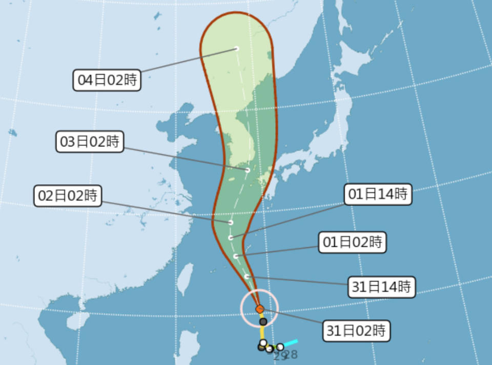 中颱梅莎目前中心位置在琉球南方640公里海面上（鵝鑾鼻東方840公里海面），以每小時31轉21公里速度向北北西前進，最快今深夜變為強颱，估明晨將距離台灣較近且是最強時，全台今明2天受其外圍環流影響都會下雨。（圖片來源：氣象局，下同）