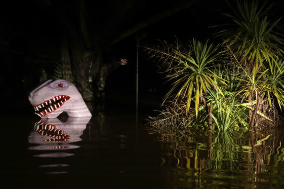 GUERNEVILLE, CALIFORNIA. - FEB. 27: Playland Miniature Golf course in Guerneville, California, is enveloped in flood waters before dawn from the rising Russian River flood, Tuesday, Feb. 26, 2019. (Photo by Karl Mondon/MediaNews Group/The Mercury News via Getty Images)