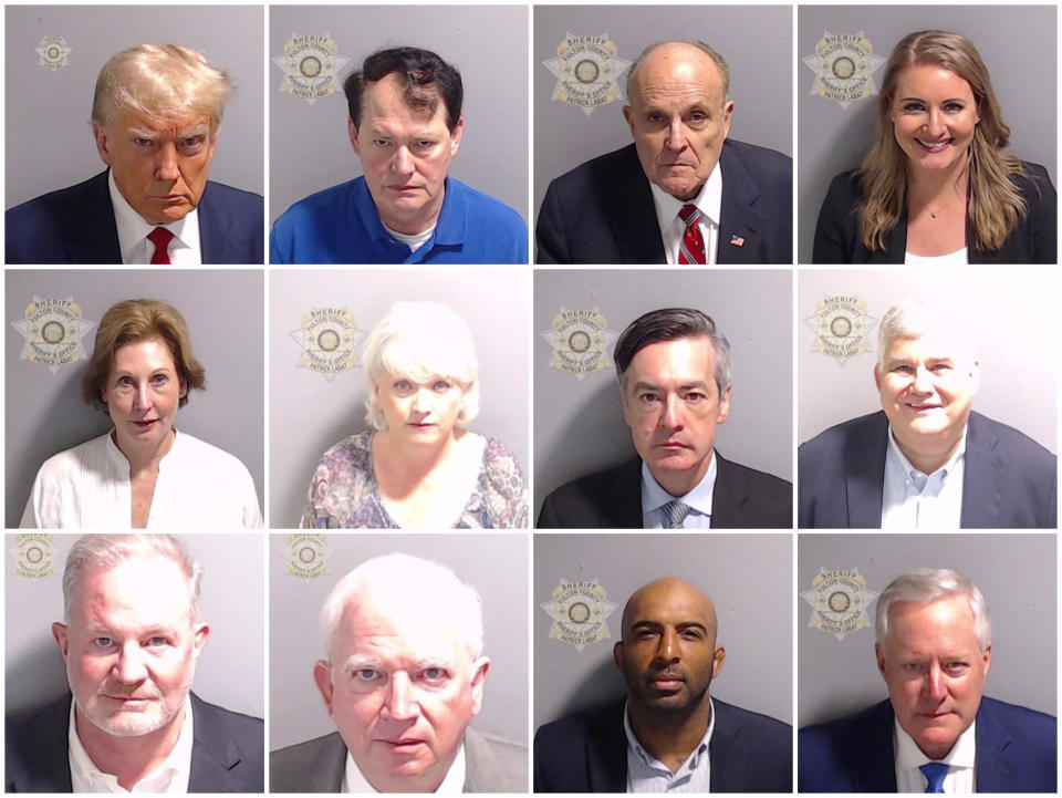 A combination picture shows police booking mugshots of former U.S. President Donald Trump and 11 of the 18 people indicted with him, including Ray Smith, a lawyer who previously represented Trump in Georgia, Rudy Giuliani, who served as Trump's personal lawyer, Jenna Ellis, Sidney Powell, former Georgia Republican Party leader Cathy Latham, Trump campaign attorney Kenneth Chesebro, former Georgia Republican Party leader David Shafer, Republican poll watcher Scott Hall, Trump's former lawyer John Eastman, Harrison Floyd and former White House Chief of Staff Mark Meadows. Fulton County Sheriff's Office/Handout via REUTERS  THIS IMAGE HAS BEEN SUPPLIED BY A THIRD PARTY.