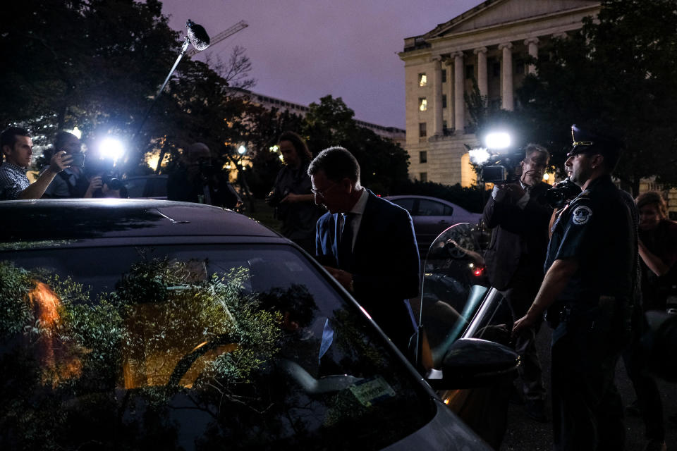 Kurt Volker, former U.S. envoy to Ukraine, leaves the Capitol after delivering hours of testimony to the House intelligence committees in Washington, D.C., Oct. 3, 2019. | Gabriella Demczuk for TIME