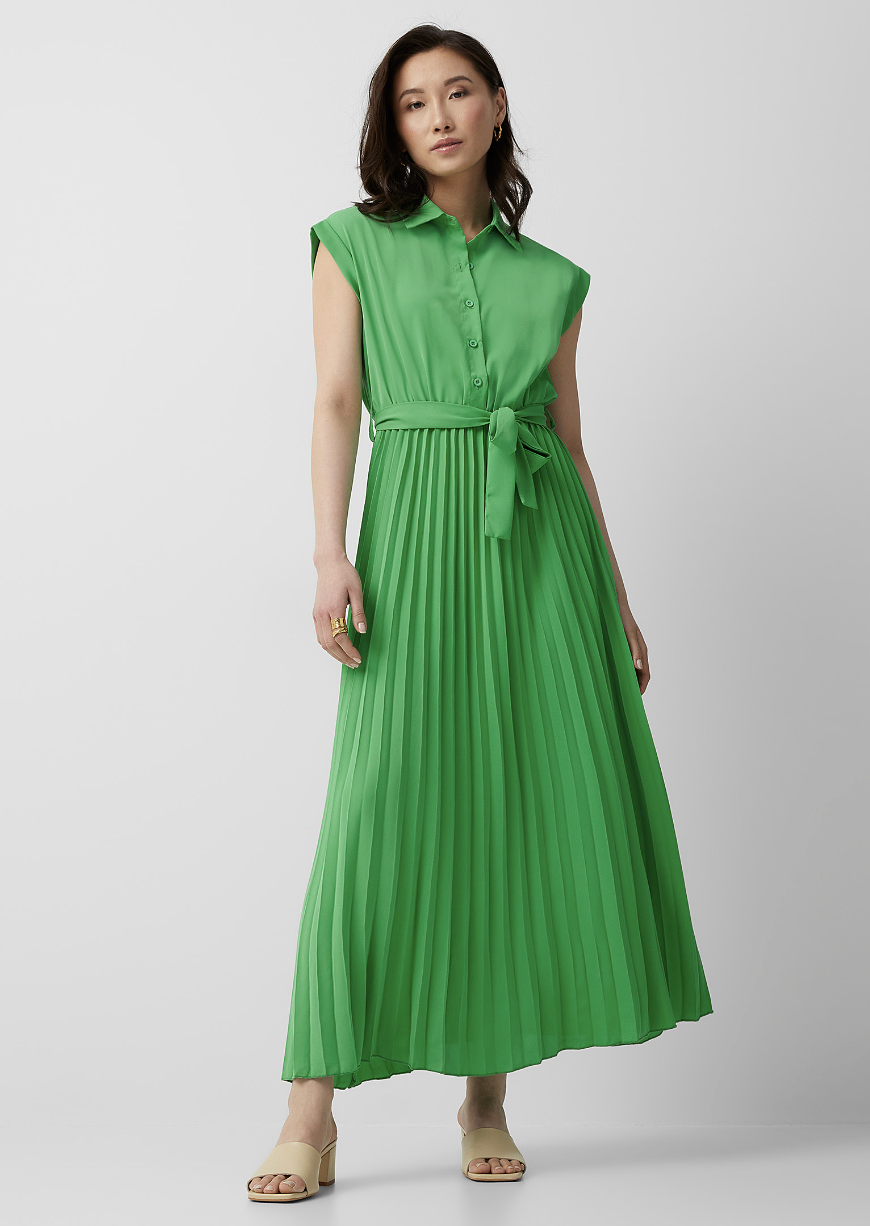 model wearing maxi dress Tie-Belt Pleated Silky Dress in green (photo via Simons)