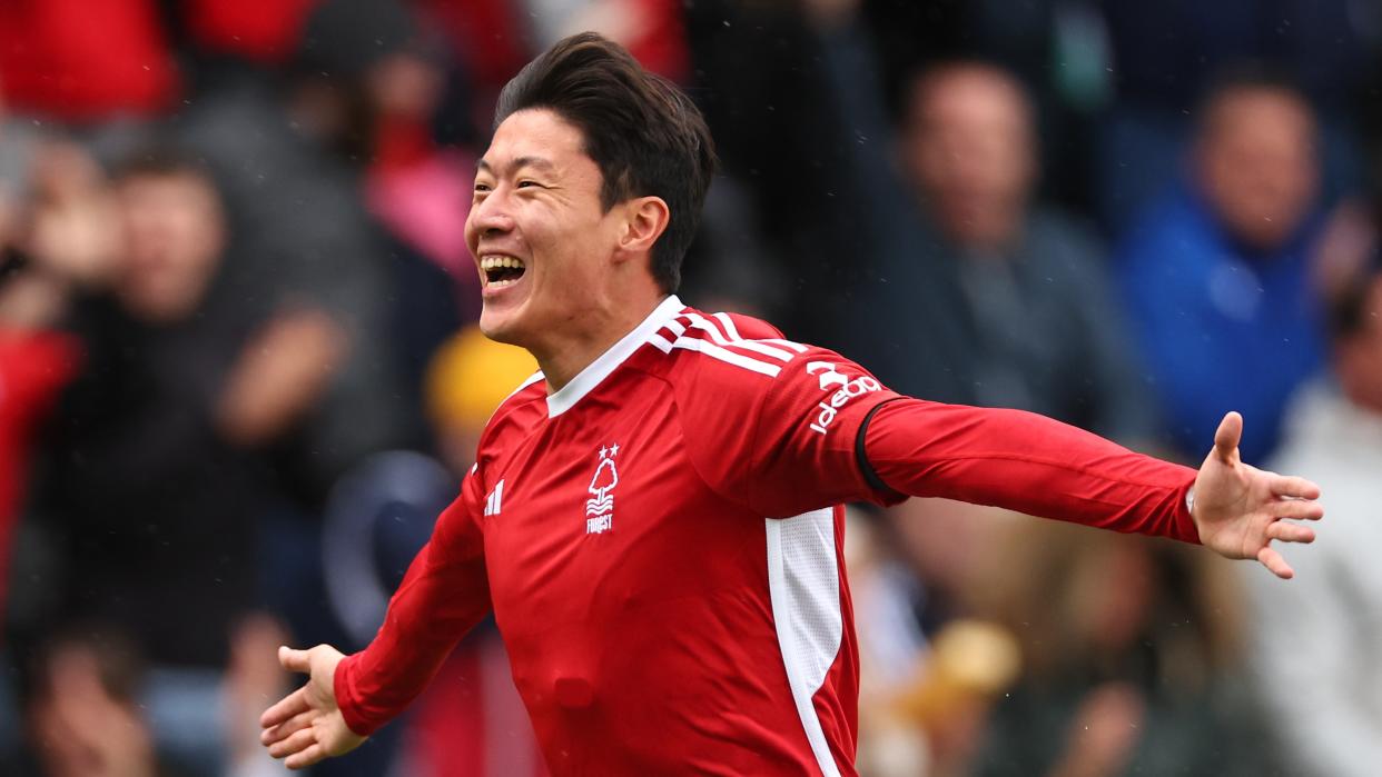  Hwang Ui-Jo of Nottingham Forest celebrates after scoring a goal in a pre-season friendly ahead of  Eintracht Frankfurt vs Nottingham Forest. 