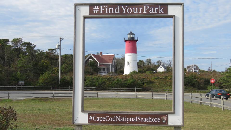 Nauset Light in Eastham has been nicely framed by the Cape Cod National Seashore, with handy hashtags.