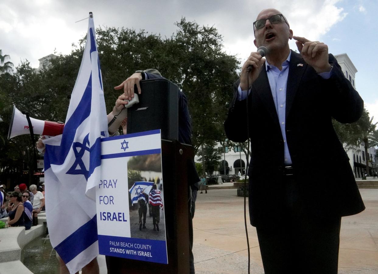 Ted Deutch former Florida Rep. speaks to a gathering of about 200 people in solidarity during a pro-Israel rally at The Great Lawn of West Palm Beach on Sunday October 15. About 200 people attended the event.