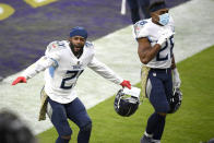 Tennessee Titans cornerback Malcolm Butler reacts after an NFL football game against the Baltimore Ravens, Sunday, Nov. 22, 2020, in Baltimore. The Titans won 30-24 in overtime. (AP Photo/Nick Wass)