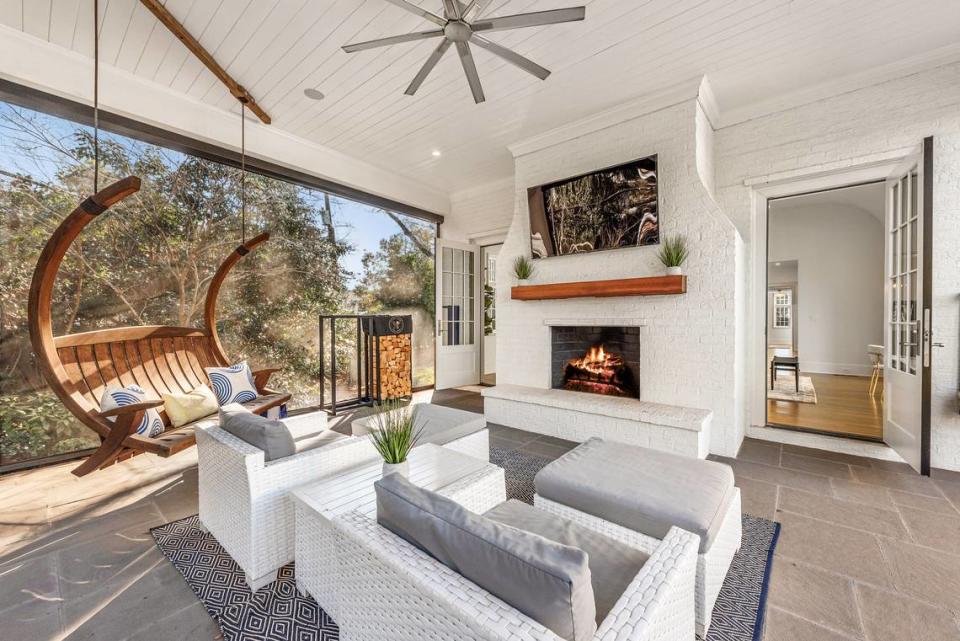 The $3.45 million property is described as “Effortlessly integrating indoor-outdoor living, the home features a covered veranda and fire pit.”