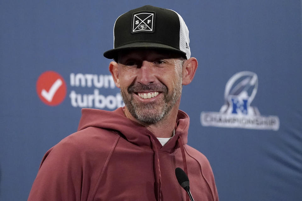 San Francisco 49ers head coach Kyle Shanahan speaks at a news conference before an NFL football practice in Santa Clara, Calif., Thursday, Jan. 26, 2023. The 49ers are scheduled to play the Philadelphia Eagles Sunday in the NFC championship game. (AP Photo/Jeff Chiu)