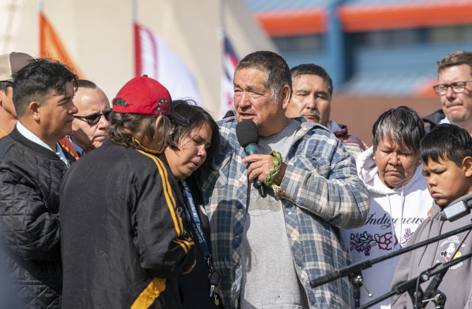 Darryl Burns, brother of victim Gloria Burns, speaks during a Federation of Sovereign Indigenous Nations event where leaders provide statements about the mass stabbing incident that happened at James Smith Cree Nation and Weldon, Saskatchewan, Canada, at James Smith Cree Nation, Saskatchewan, Canada, on Thursday, Sept. 8, 2022. (Heywood Yu/The Canadian Press via AP)