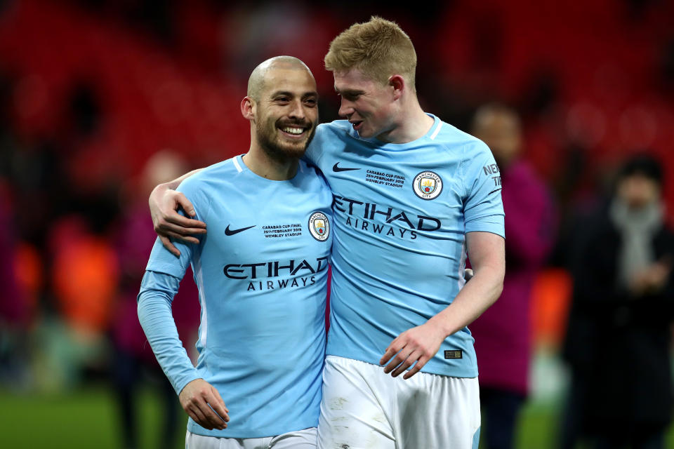 Spain’s David Silva, left, and Belgium’s Kevin de Bruyne are just two of the internationals heading to Russia from Manchester City’s stacked squad. (Getty)