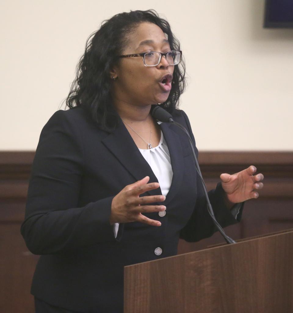 Assistant Summit County Prosecutor Felicia Easter gives opening statements in the trial of Erica Stefanko on Monday in Akron. Stefanko is accused of making the bogus pizza delivery call that lured Ashley Biggs to where she was killed.