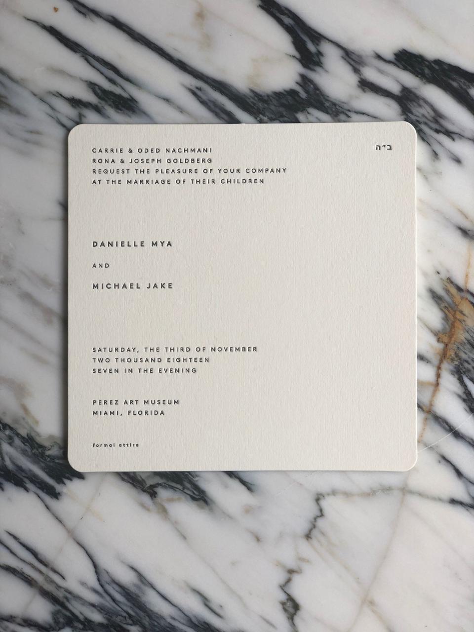 Hudson Shively worked with me and Michael to design our dream invitation. I sent him a mood board of old Dries Van Noten fashion show invites, and he created a wedding invite from it. He did all the printing for every aspect of our wedding and was a dream to work with.