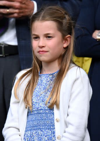 <p>Karwai Tang/WireImage</p> Princess Charlotte watches Wimbledon on July 16.