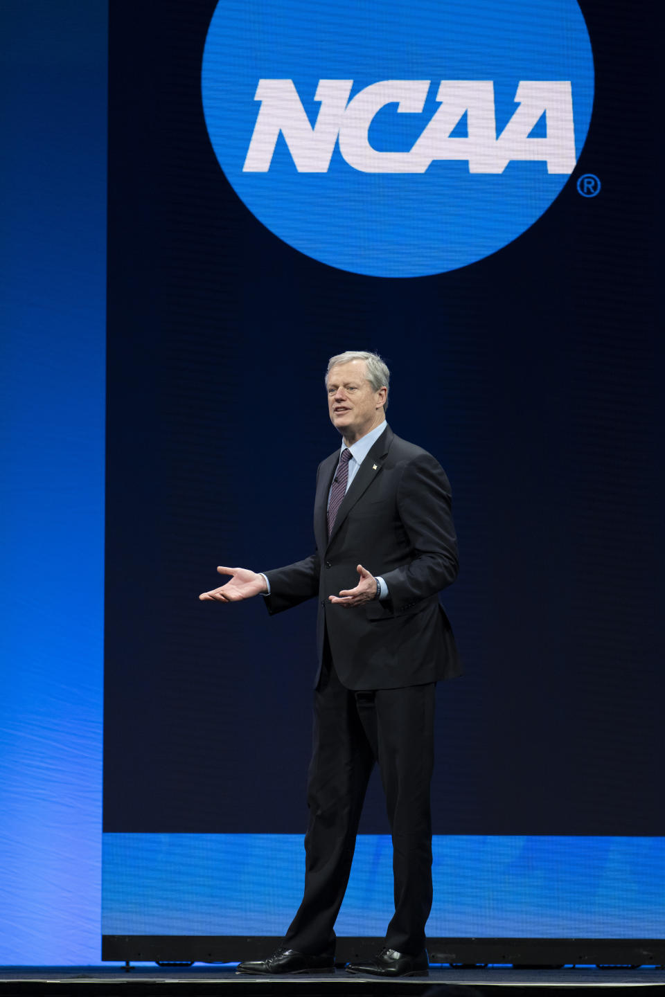 Incoming NCAA president Charlie Baker speaks during the NCAA Convention, Thursday, Jan. 12, 2023, in San Antonio. (AP Photo/Darren Abate)