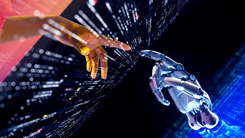  An AI image of a robot hand reaching to touch a human hand. 