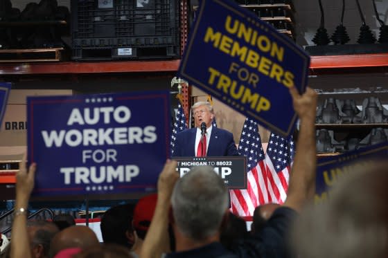 Donald Trump speaks at a campaign rally at Drake Enterprises, an automotive parts manufacturer, in Clinton Township, Mich. on Sept. 27, 2023.<span class="copyright">Scott Olson—Getty Images</span>